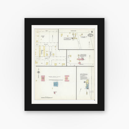 Old map wall art mockup — black gallery frame with white mat — Sanborn Fire Insurance Map from Decatur, Wise County, Texas (1914), Sheet #0008