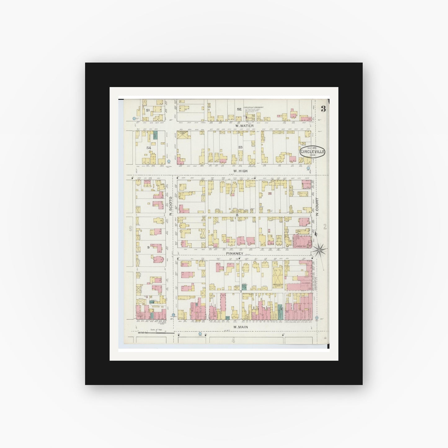 Old map wall art mockup — black gallery frame with white mat — Sanborn Fire Insurance Map from Circleville, Pickaway County, Ohio (1893), Sheet #0003