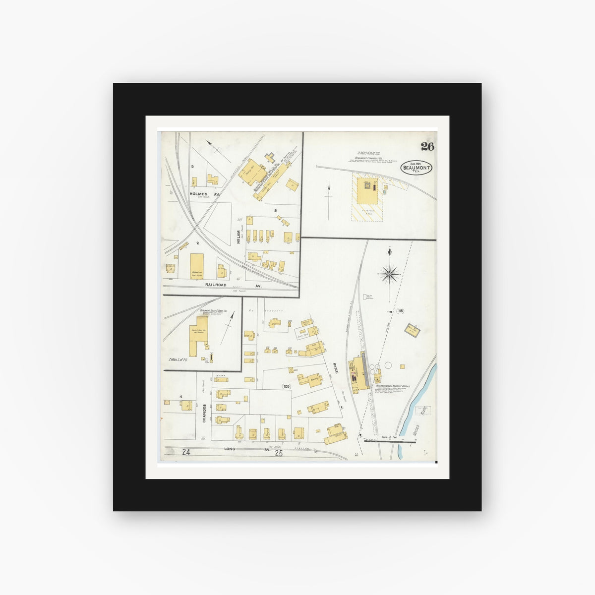Old map wall art mockup — black gallery frame with white mat — Sanborn Fire Insurance Map from Beaumont, Jefferson County, Texas (1904), Sheet #0026