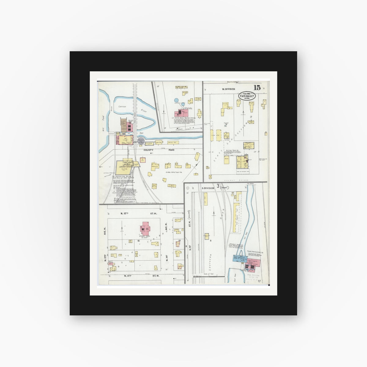 Old map wall art mockup — black gallery frame with white mat — Sanborn Fire Insurance Map from Faribault, Rice County, Minnesota (1905), Sheet #0015