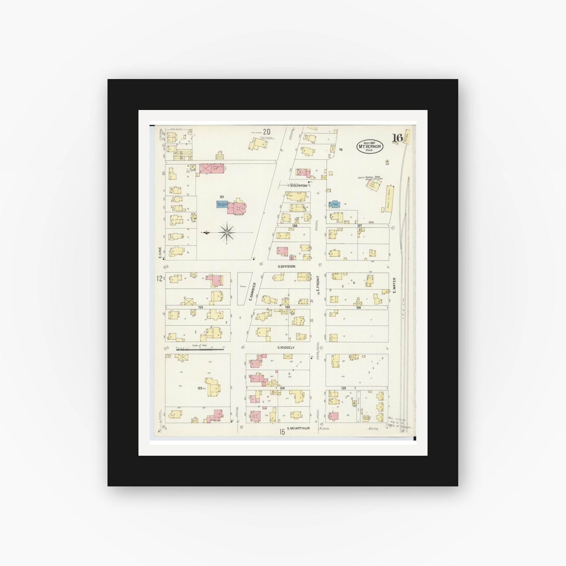 Old map wall art mockup — black gallery frame with white mat — Sanborn Fire Insurance Map from Mount Vernon, Knox County, Ohio (1907), Sheet #0016