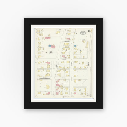 Old map wall art mockup — black gallery frame with white mat — Sanborn Fire Insurance Map from Mount Vernon, Knox County, Ohio (1907), Sheet #0016