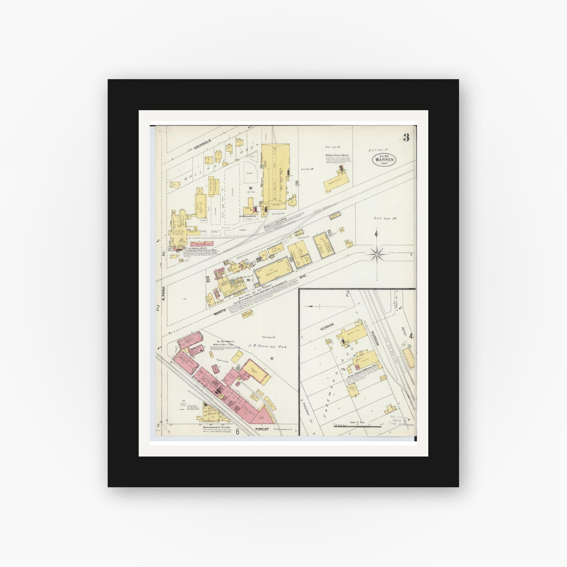 Old map wall art mockup — black gallery frame with white mat — Sanborn Fire Insurance Map from Warren, Trumbull County, Ohio (1902), Sheet #0003