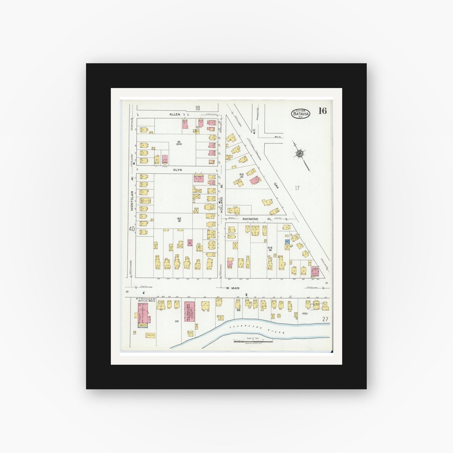 Old map wall art mockup — black gallery frame with white mat — Sanborn Fire Insurance Map from Batavia, Genesee County, New York (1919), Sheet #0016