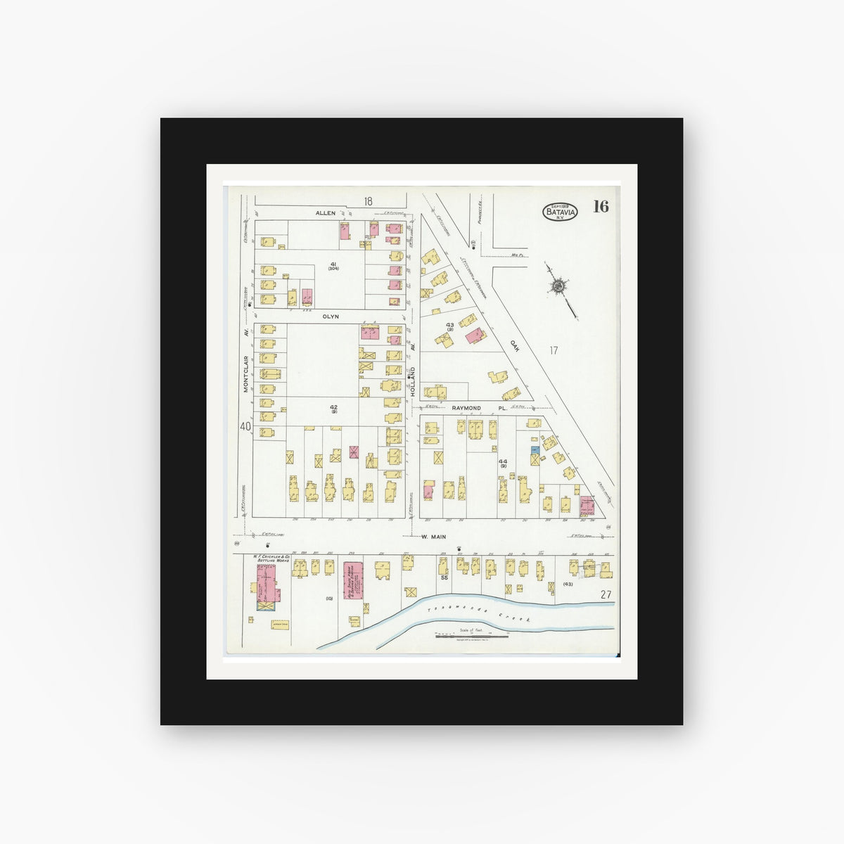 Old map wall art mockup — black gallery frame with white mat — Sanborn Fire Insurance Map from Batavia, Genesee County, New York (1919), Sheet #0016