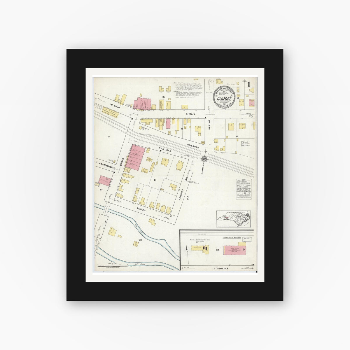 Old map wall art mockup — black gallery frame with white mat — Sanborn Fire Insurance Map from Old Fort, Mcdowell County, North Carolina (1918) - Complete Map Set