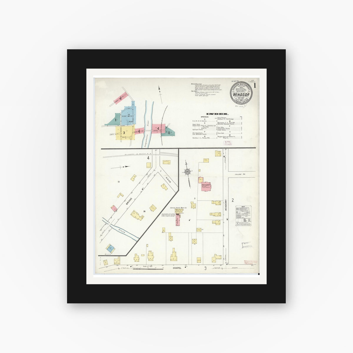 Old map wall art mockup — black gallery frame with white mat — Sanborn Fire Insurance Map from Windsor, Broome County, New York (1912), Sheet #0001