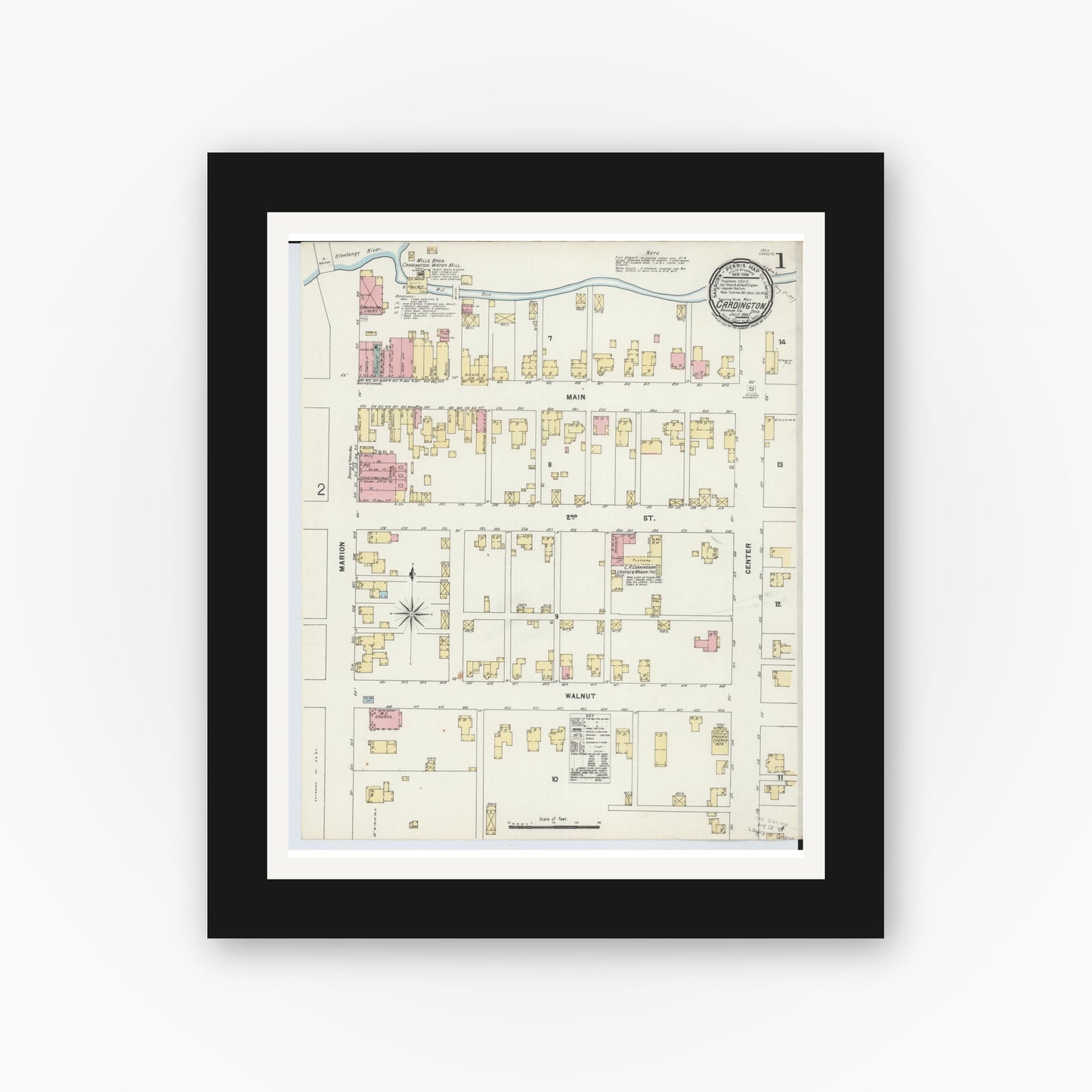 Old map wall art mockup — black gallery frame with white mat — Sanborn Fire Insurance Map from Cardington, Morrow County, Ohio (1897), Sheet #0001