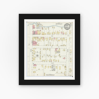Old map wall art mockup — black gallery frame with white mat — Sanborn Fire Insurance Map from Cardington, Morrow County, Ohio (1897), Sheet #0001