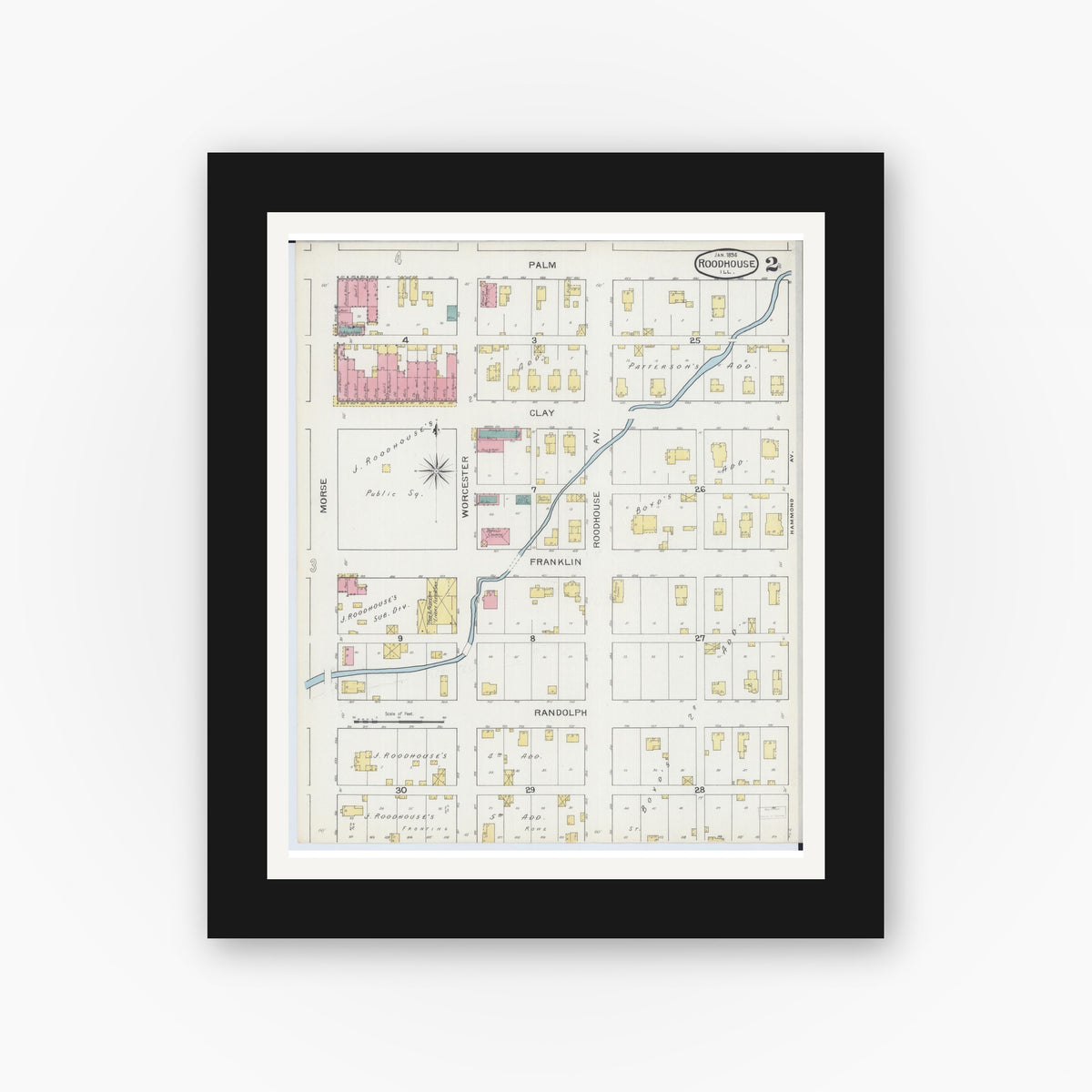 Old map wall art mockup — black gallery frame with white mat — Sanborn Fire Insurance Map from Roodhouse, Greene County, Illinois (1894), Sheet #0002
