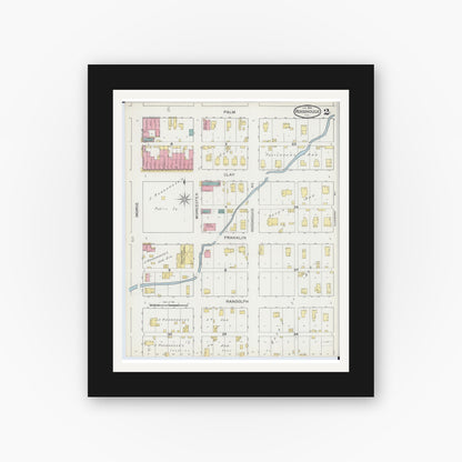 Old map wall art mockup — black gallery frame with white mat — Sanborn Fire Insurance Map from Roodhouse, Greene County, Illinois (1894), Sheet #0002