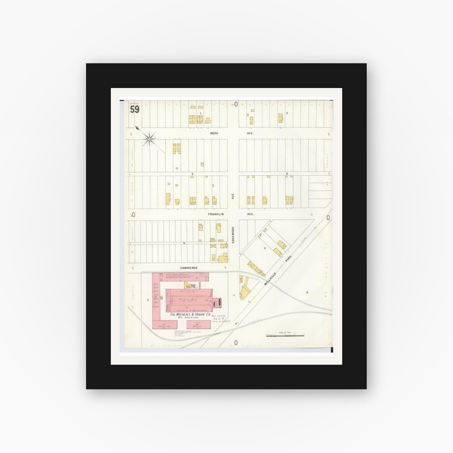 Old map wall art mockup — black gallery frame with white mat — Sanborn Fire Insurance Map from Hamilton, Butler County, Ohio (1899), Sheet #0059