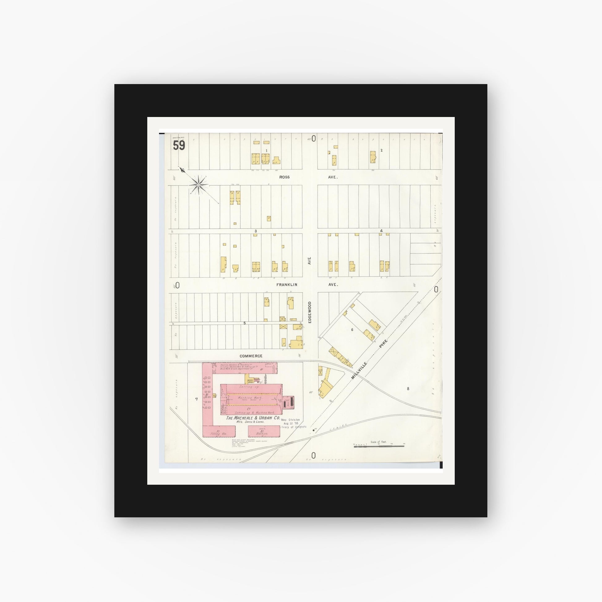 Old map wall art mockup — black gallery frame with white mat — Sanborn Fire Insurance Map from Hamilton, Butler County, Ohio (1899), Sheet #0059