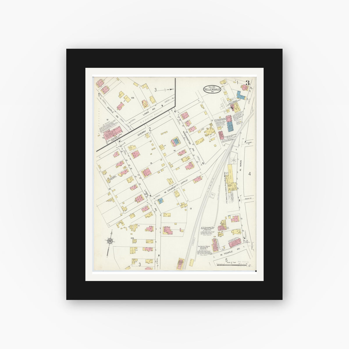 Old map wall art mockup — black gallery frame with white mat — Sanborn Fire Insurance Map from Sellersville, Bucks County, Pennsylvania (1913), Sheet #0003