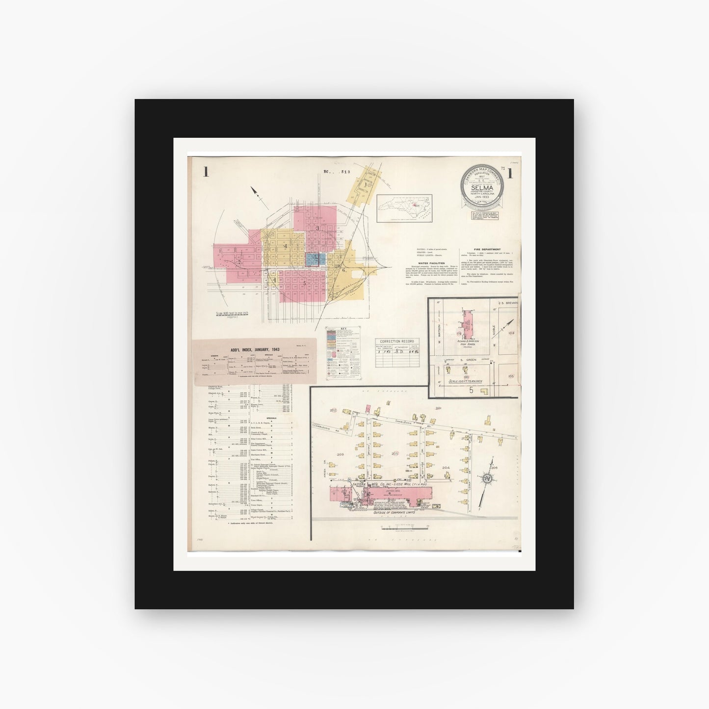 Old map wall art mockup — black gallery frame with white mat — Sanborn Fire Insurance Map from Selma, Johnston County, North Carolina (1943), Sheet #0001