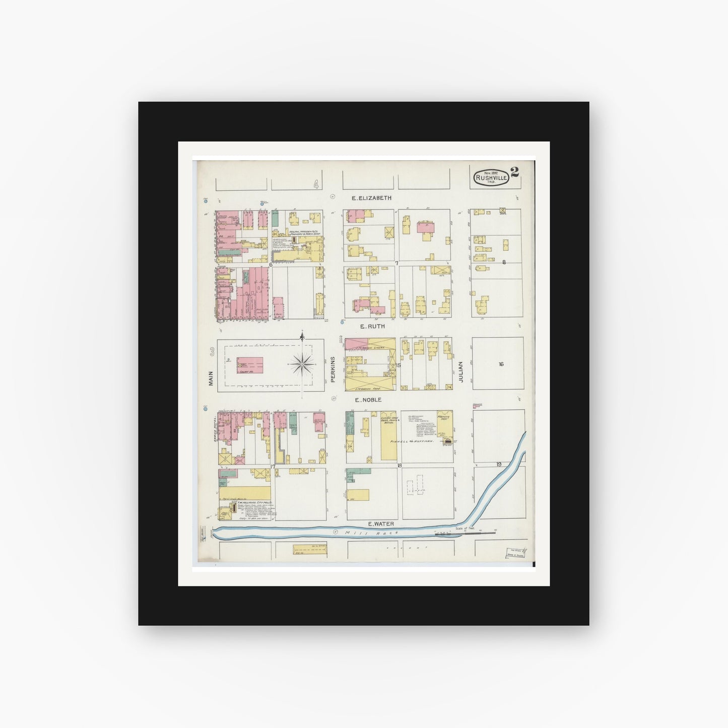 Old map wall art mockup — black gallery frame with white mat — Sanborn Fire Insurance Map from Rushville, Rush County, Indiana (1892), Sheet #0002