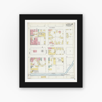 Old map wall art mockup — black gallery frame with white mat — Sanborn Fire Insurance Map from Rushville, Rush County, Indiana (1892), Sheet #0002