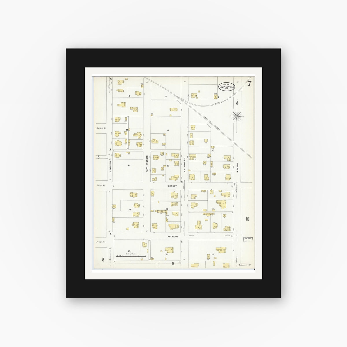 Old map wall art mockup — black gallery frame with white mat — Sanborn Fire Insurance Map from Gainesville, Cooke County, Texas (1908), Sheet #0007