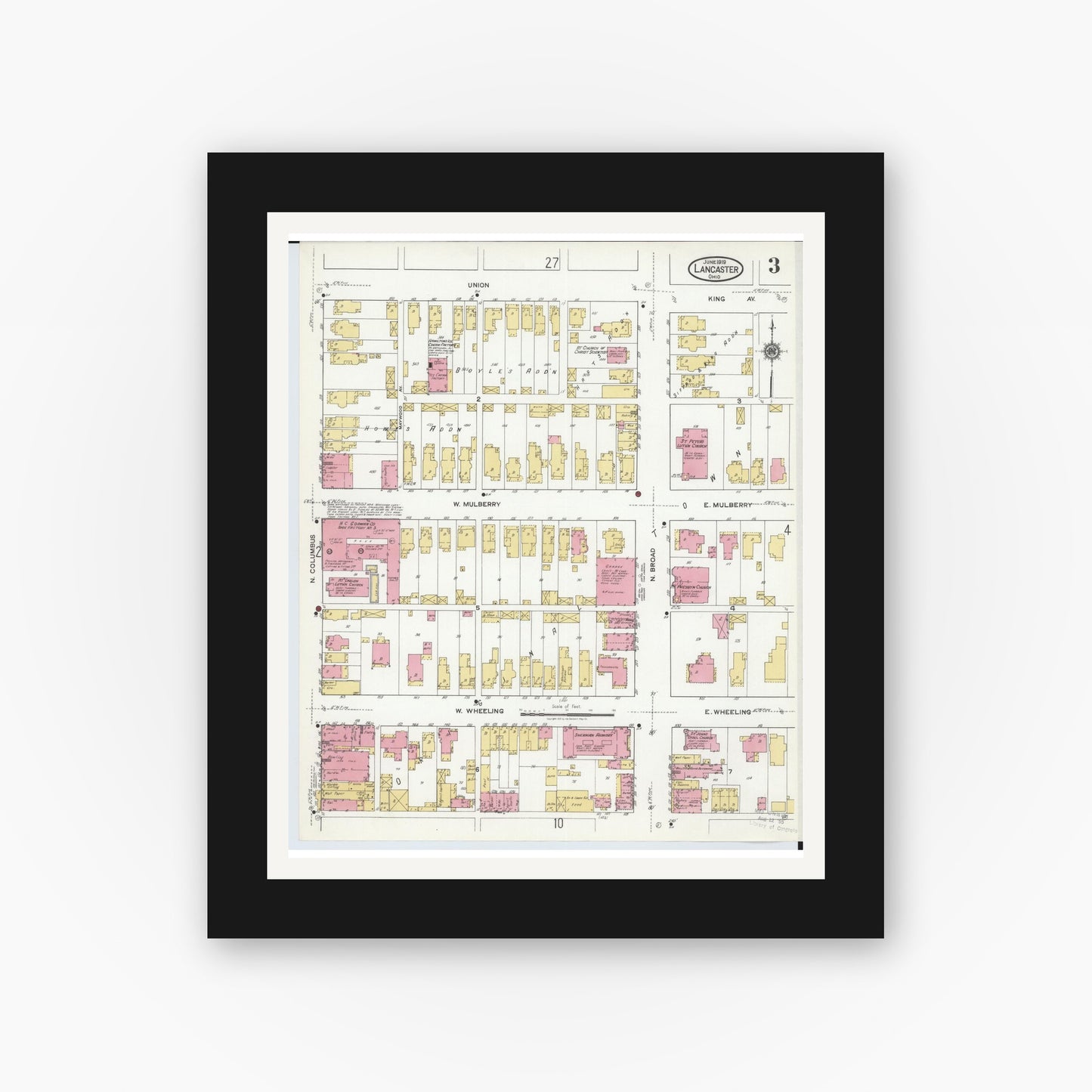 Old map wall art mockup — black gallery frame with white mat — Sanborn Fire Insurance Map from Lancaster, Fairfield County, Ohio (1919), Sheet #0003