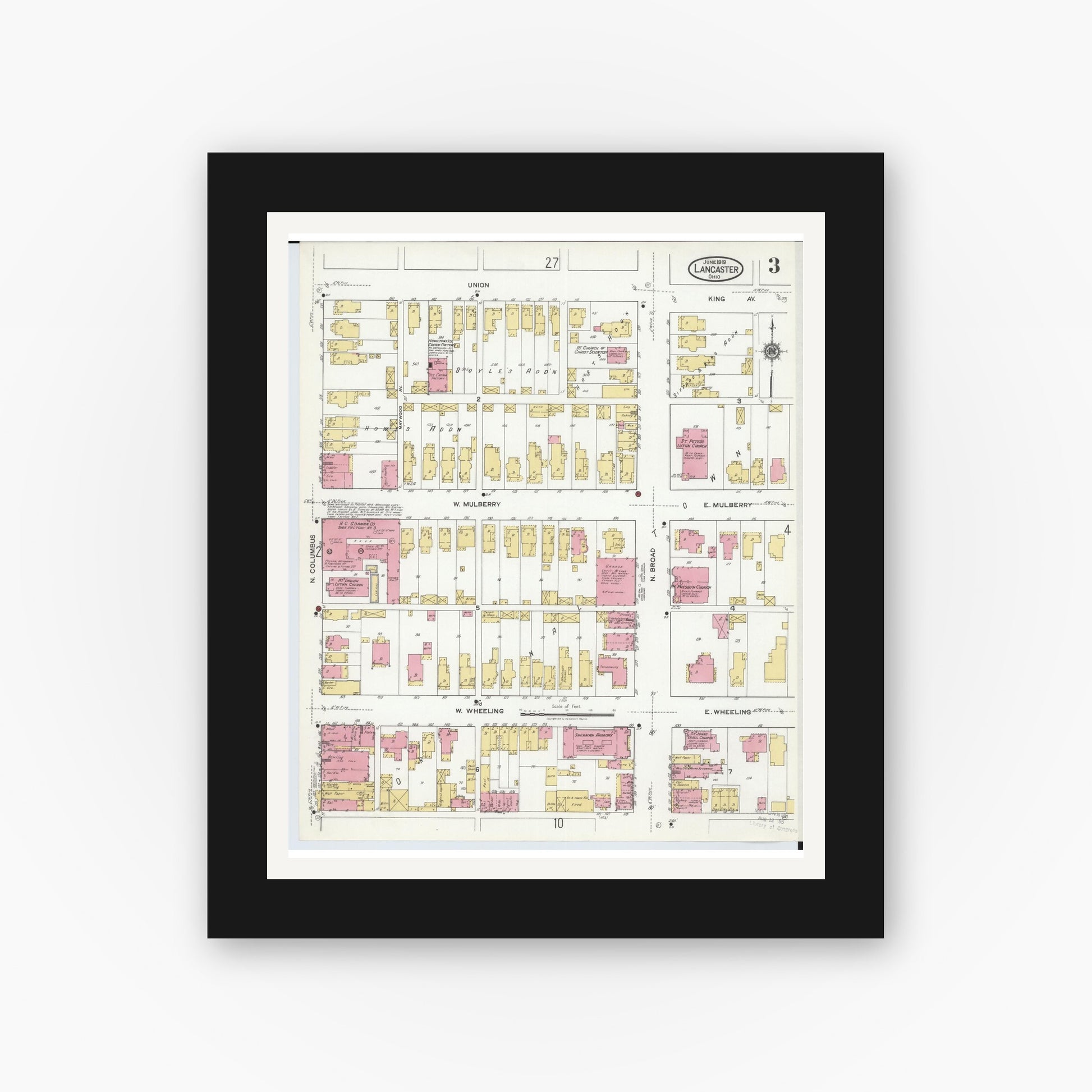 Old map wall art mockup — black gallery frame with white mat — Sanborn Fire Insurance Map from Lancaster, Fairfield County, Ohio (1919), Sheet #0003