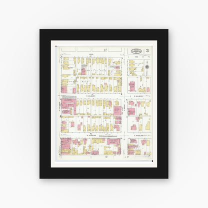 Old map wall art mockup — black gallery frame with white mat — Sanborn Fire Insurance Map from Lancaster, Fairfield County, Ohio (1919), Sheet #0003