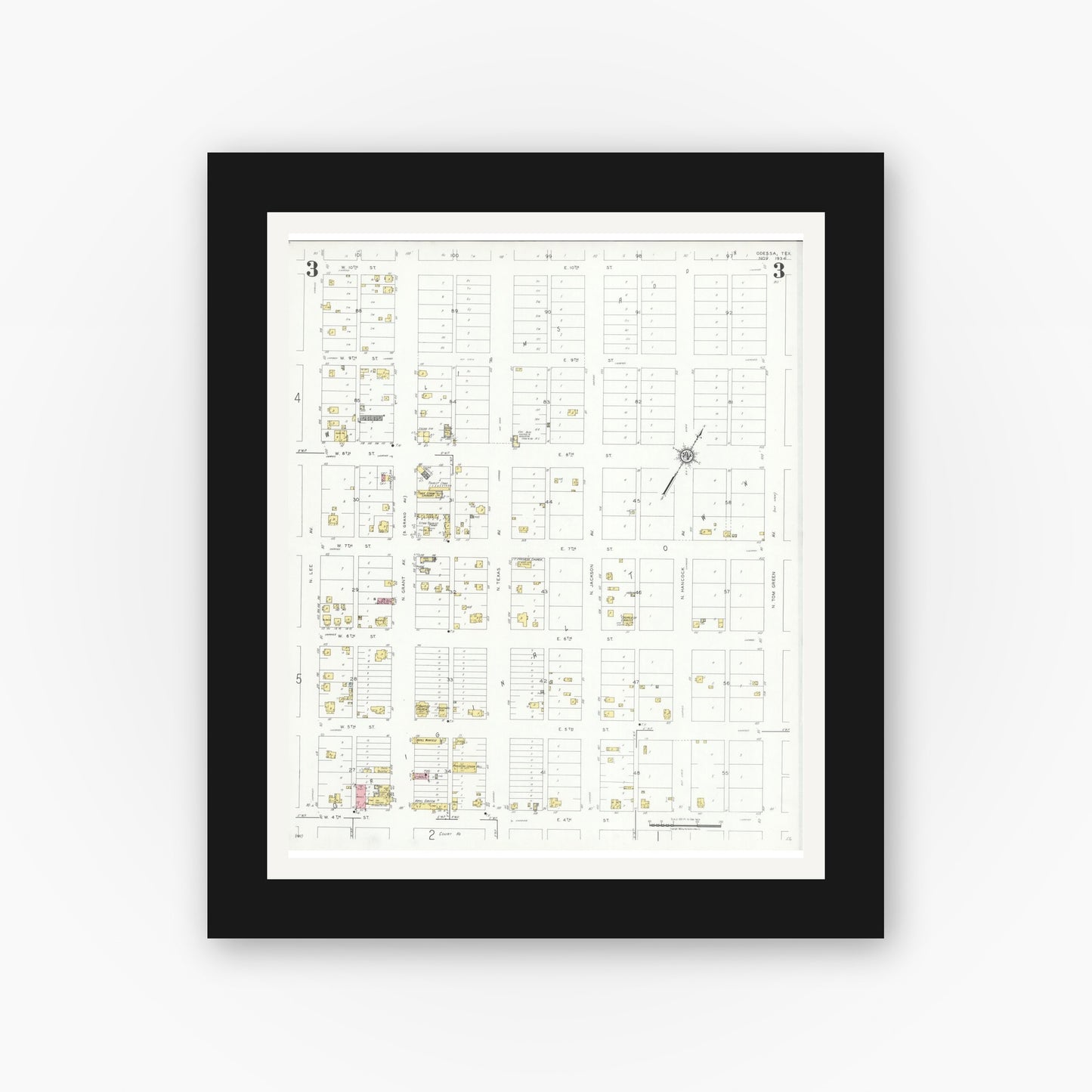 Old map wall art mockup — black gallery frame with white mat — Sanborn Fire Insurance Map from Odessa, Edger County, Texas (1934), Sheet #0003