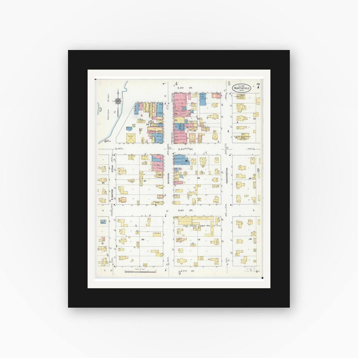 Old map wall art mockup — black gallery frame with white mat — Sanborn Fire Insurance Map from Northfield, Rice County, Minnesota (1910), Sheet #0007