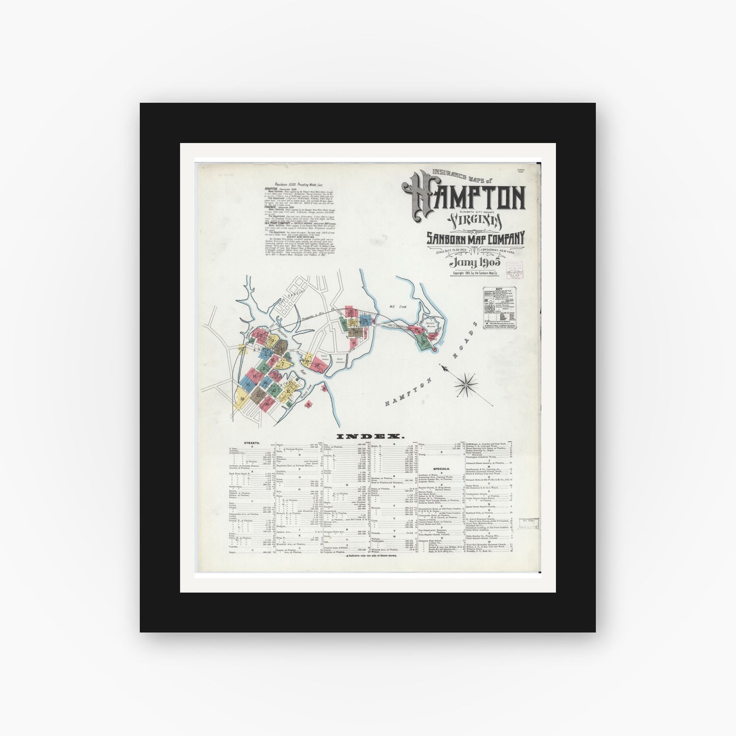Old map wall art mockup — black gallery frame with white mat — Sanborn Fire Insurance Map from Hampton, Independent Cities, Virginia (1905) - Complete Map Set