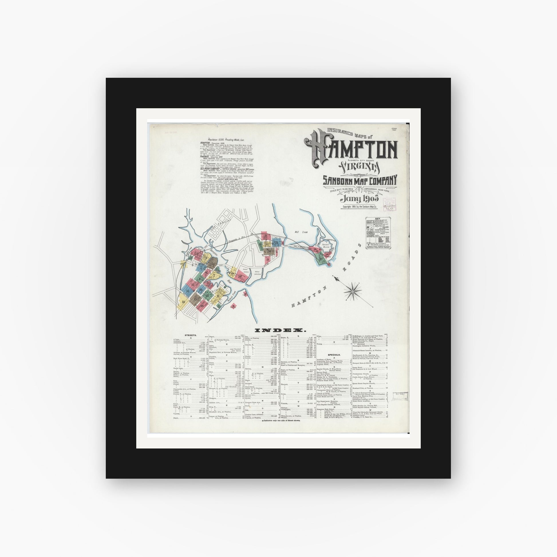 Old map wall art mockup — black gallery frame with white mat — Sanborn Fire Insurance Map from Hampton, Independent Cities, Virginia (1905) - Complete Map Set