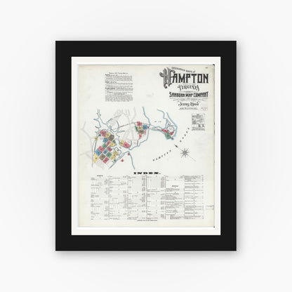 Old map wall art mockup — black gallery frame with white mat — Sanborn Fire Insurance Map from Hampton, Independent Cities, Virginia (1905) - Complete Map Set