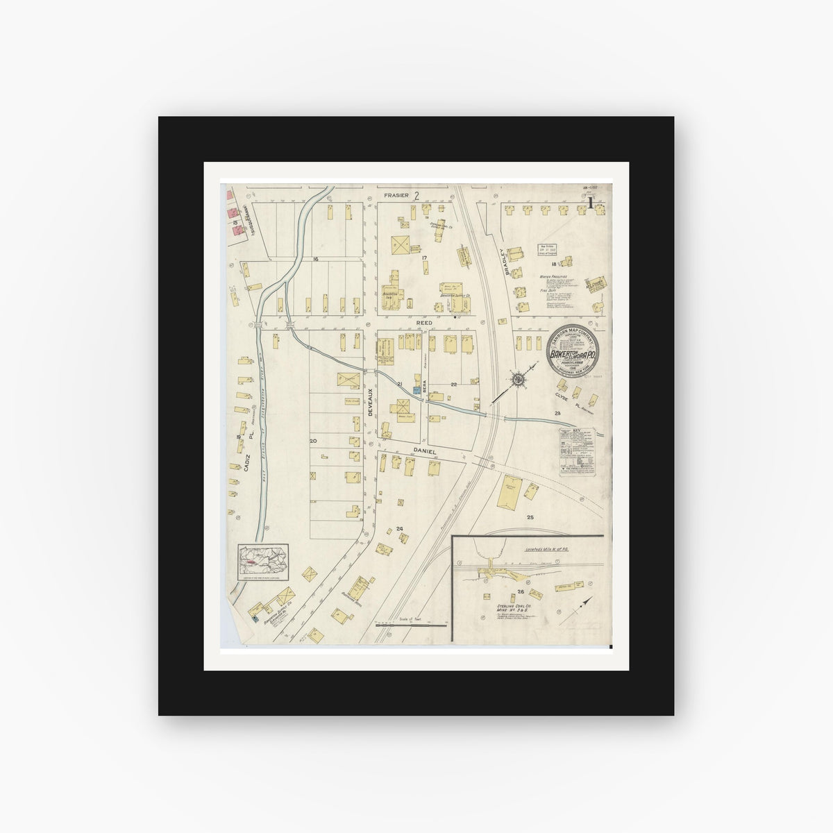 Old map wall art mockup — black gallery frame with white mat — Sanborn Fire Insurance Map from Bakerton, Cambria County, Pennsylvania (1916), Sheet #0001