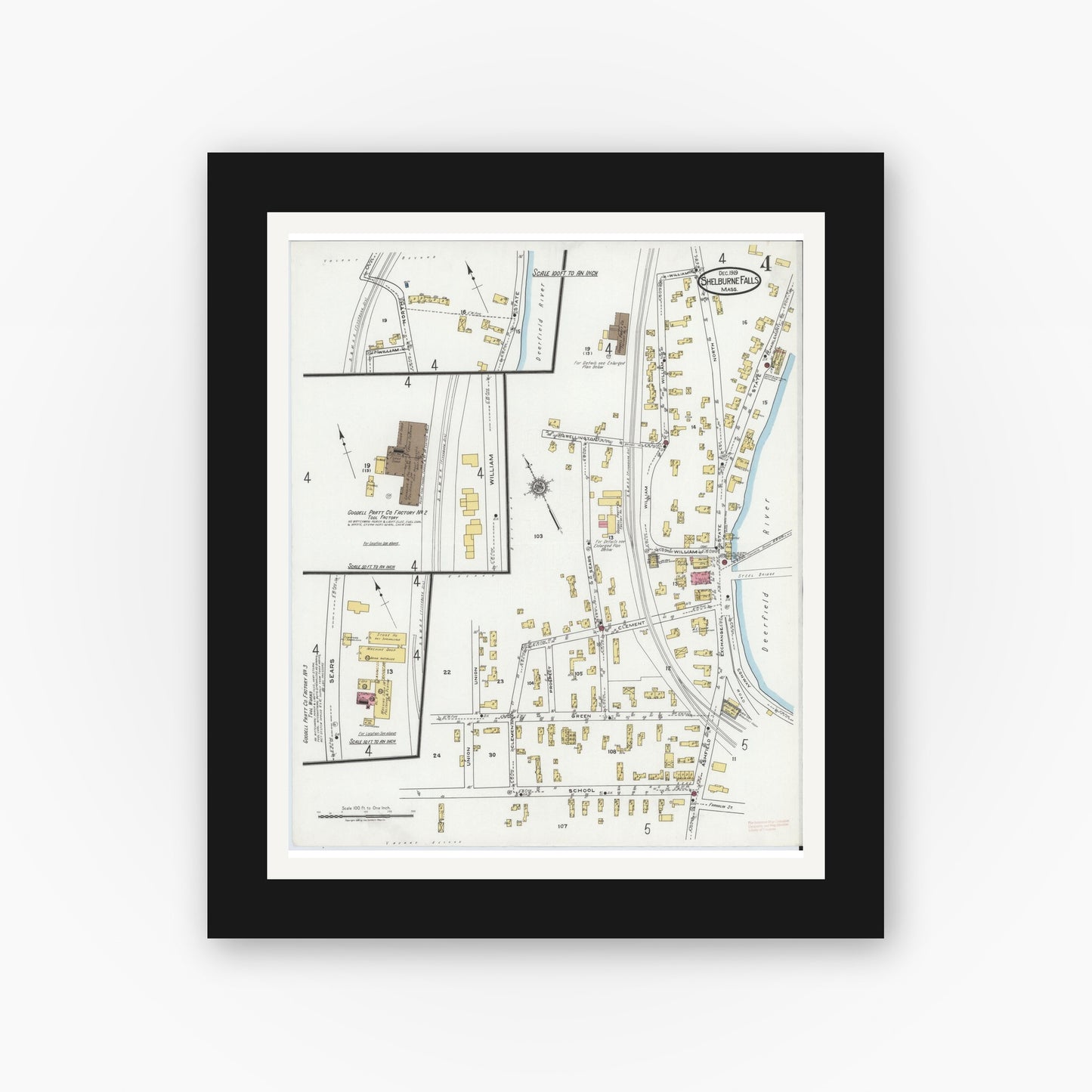 Old map wall art mockup — black gallery frame with white mat — Sanborn Fire Insurance Map from Shelburne Falls, Franklin County, Massachusetts (1919), Sheet #0004