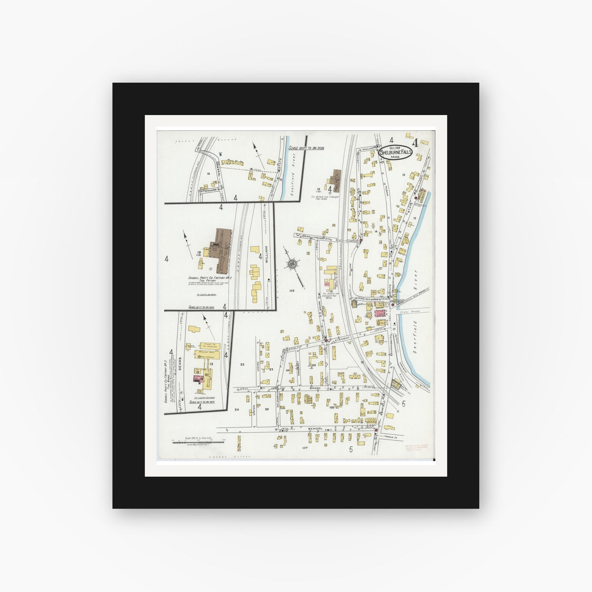 Old map wall art mockup — black gallery frame with white mat — Sanborn Fire Insurance Map from Shelburne Falls, Franklin County, Massachusetts (1919), Sheet #0004