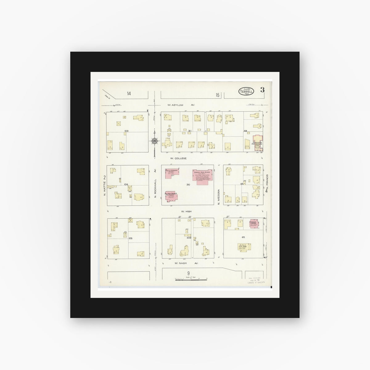 Old map wall art mockup — black gallery frame with white mat — Sanborn Fire Insurance Map from Terrell, Kaufman County, Texas (1914), Sheet #0003