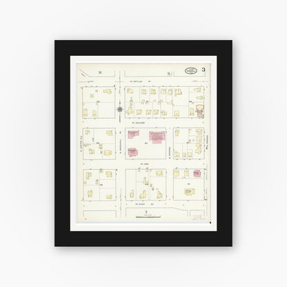 Old map wall art mockup — black gallery frame with white mat — Sanborn Fire Insurance Map from Terrell, Kaufman County, Texas (1914), Sheet #0003
