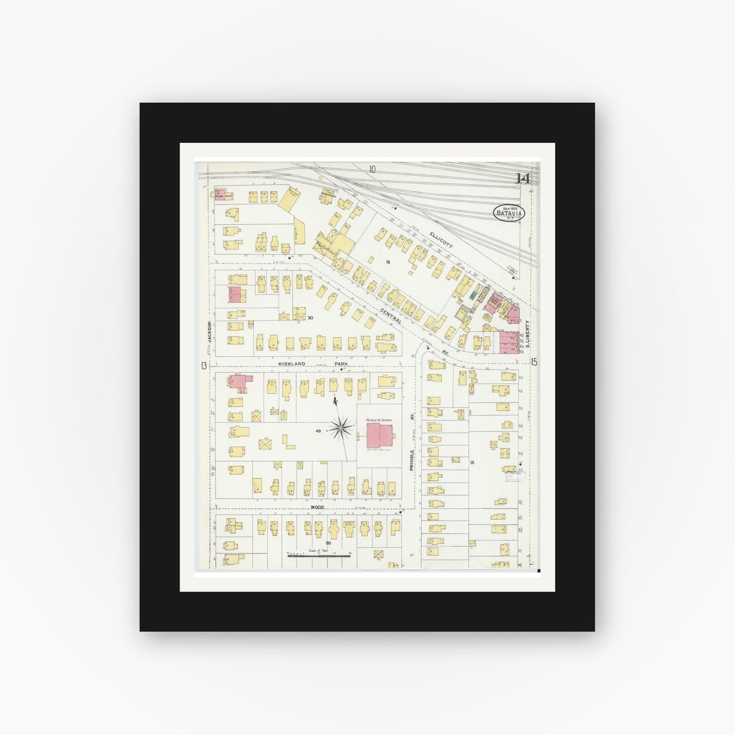 Old map wall art mockup — black gallery frame with white mat — Sanborn Fire Insurance Map from Batavia, Genesee County, New York (1906), Sheet #0014