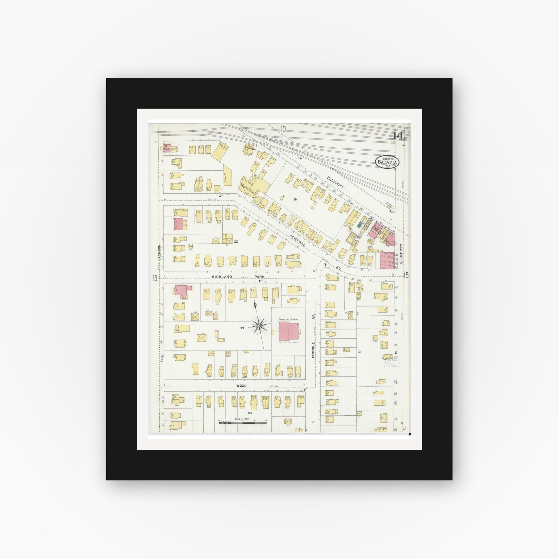 Old map wall art mockup — black gallery frame with white mat — Sanborn Fire Insurance Map from Batavia, Genesee County, New York (1906), Sheet #0014