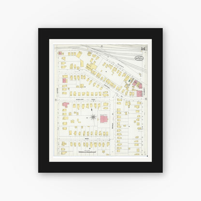 Old map wall art mockup — black gallery frame with white mat — Sanborn Fire Insurance Map from Batavia, Genesee County, New York (1906), Sheet #0014