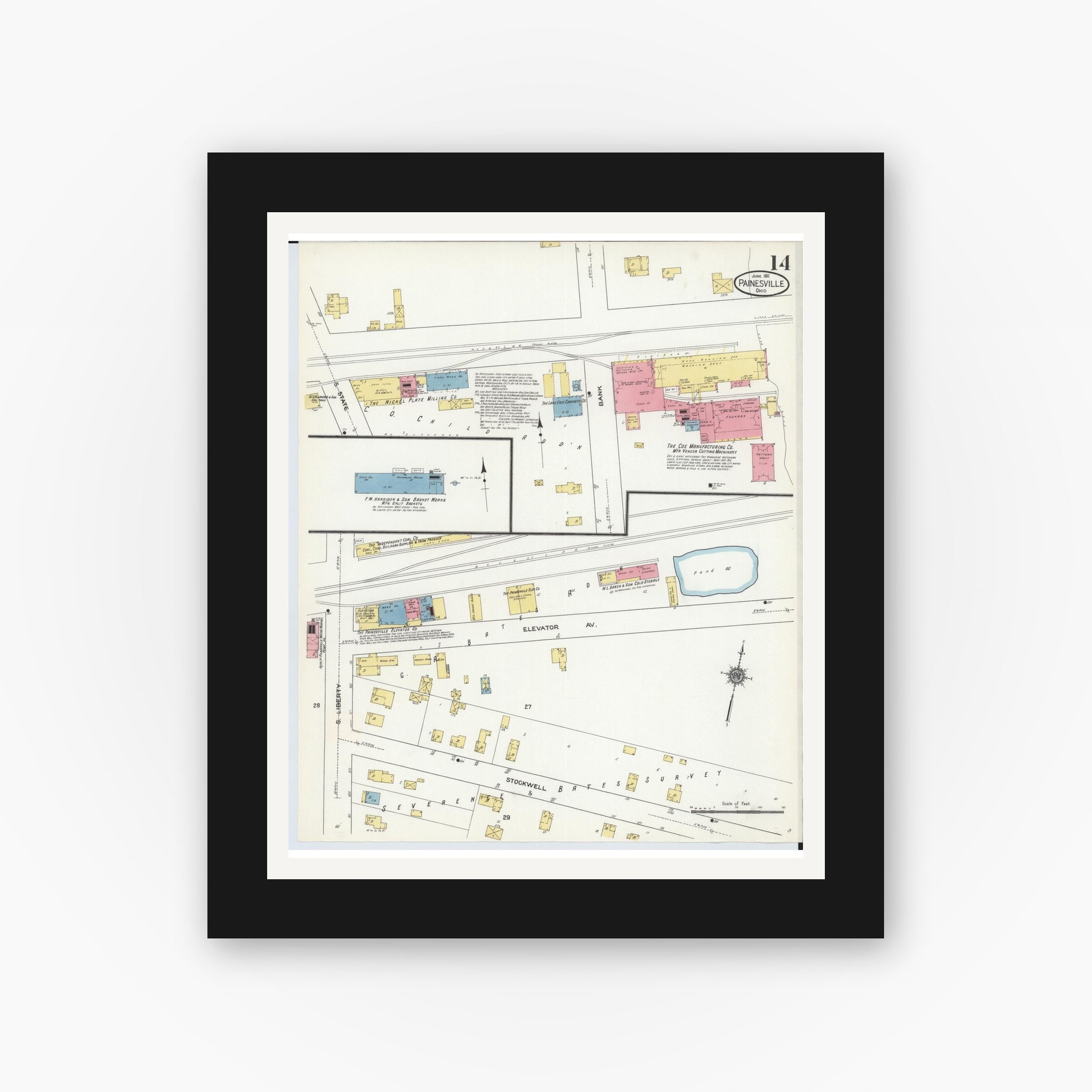 Old map wall art mockup — black gallery frame with white mat — Sanborn Fire Insurance Map from Painesville, Lake County, Ohio (1911), Sheet #0014