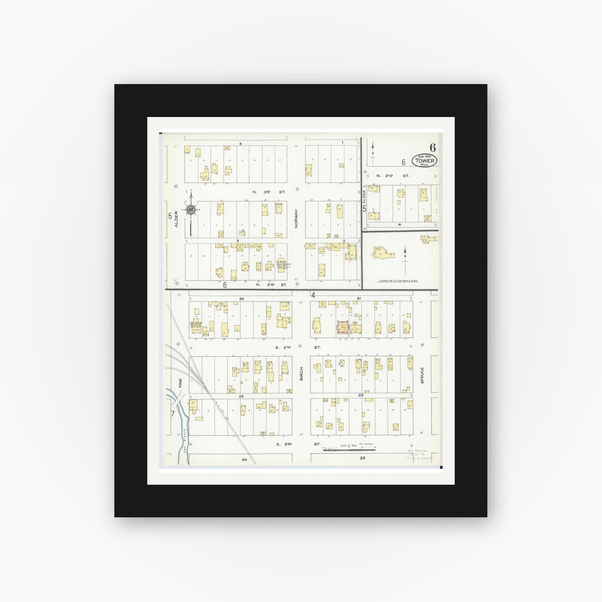 Old map wall art mockup — black gallery frame with white mat — Sanborn Fire Insurance Map from Tower, Saint Louis County, Minnesota (1909), Sheet #0006