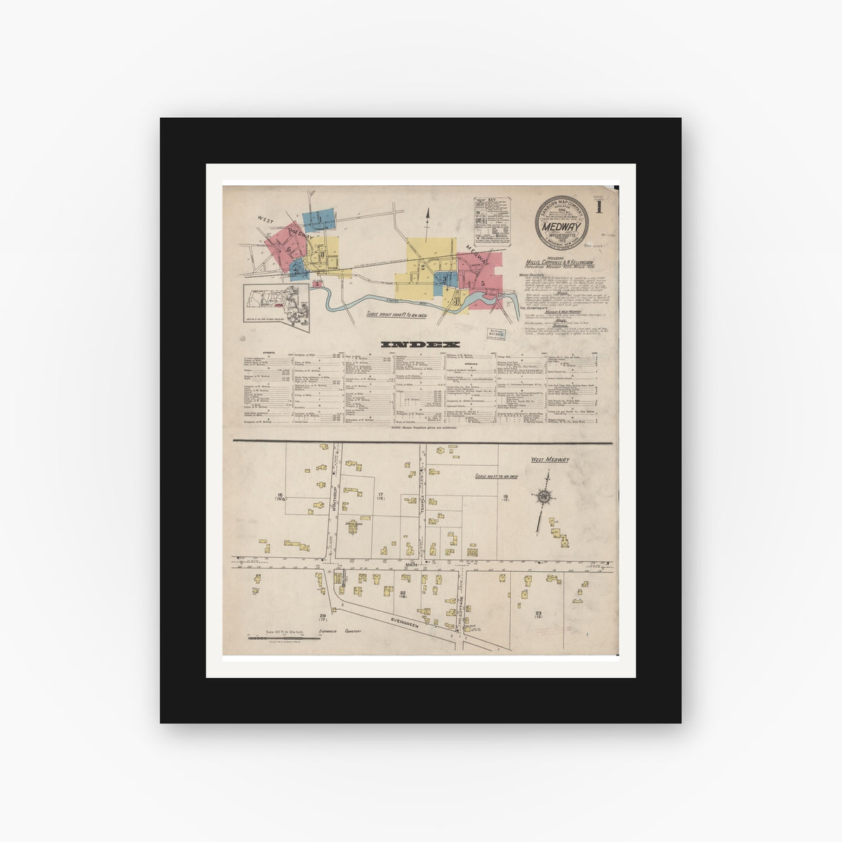 Old map wall art mockup — black gallery frame with white mat — Sanborn Fire Insurance Map from Medway, Norfolk County, Massachusetts (1922) - Complete Map Set