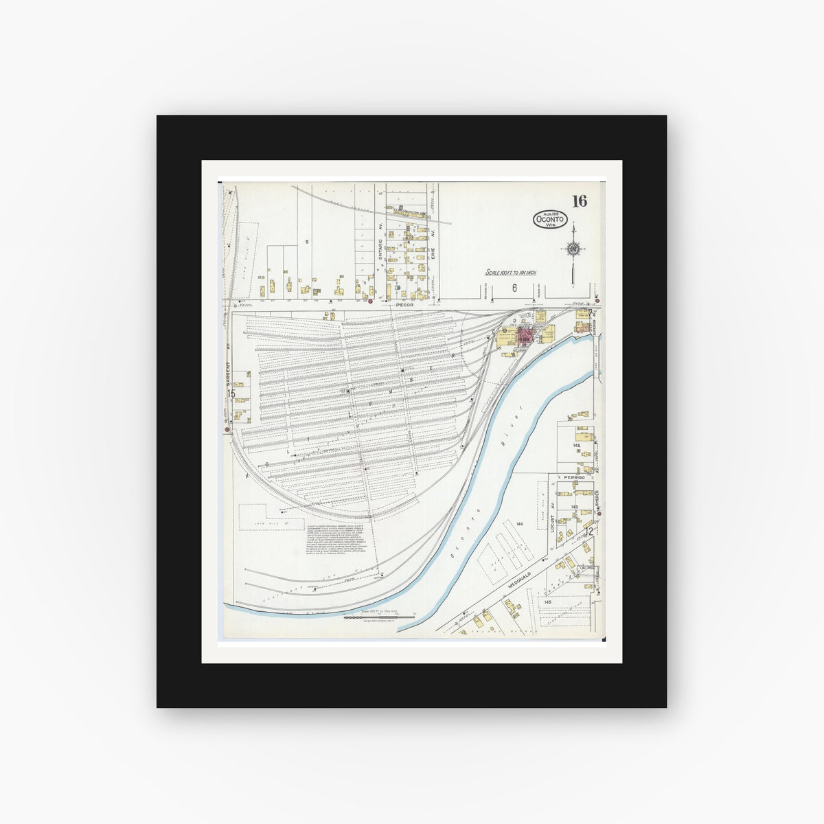 Old map wall art mockup — black gallery frame with white mat — Sanborn Fire Insurance Map from Oconto, Oconto County, Wisconsin (1919), Sheet #0016
