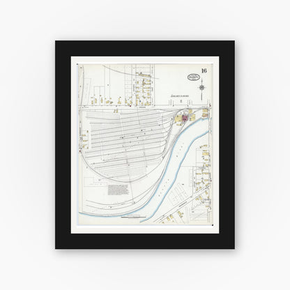 Old map wall art mockup — black gallery frame with white mat — Sanborn Fire Insurance Map from Oconto, Oconto County, Wisconsin (1919), Sheet #0016
