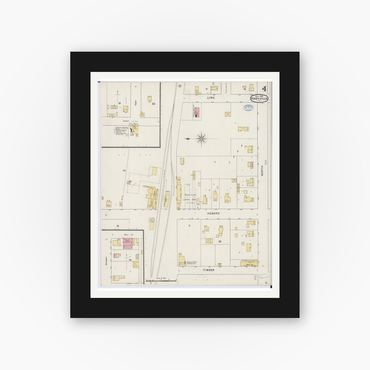 Old map wall art mockup — black gallery frame with white mat — Sanborn Fire Insurance Map from Knoxville, Knox County, Illinois (1894), Sheet #0004