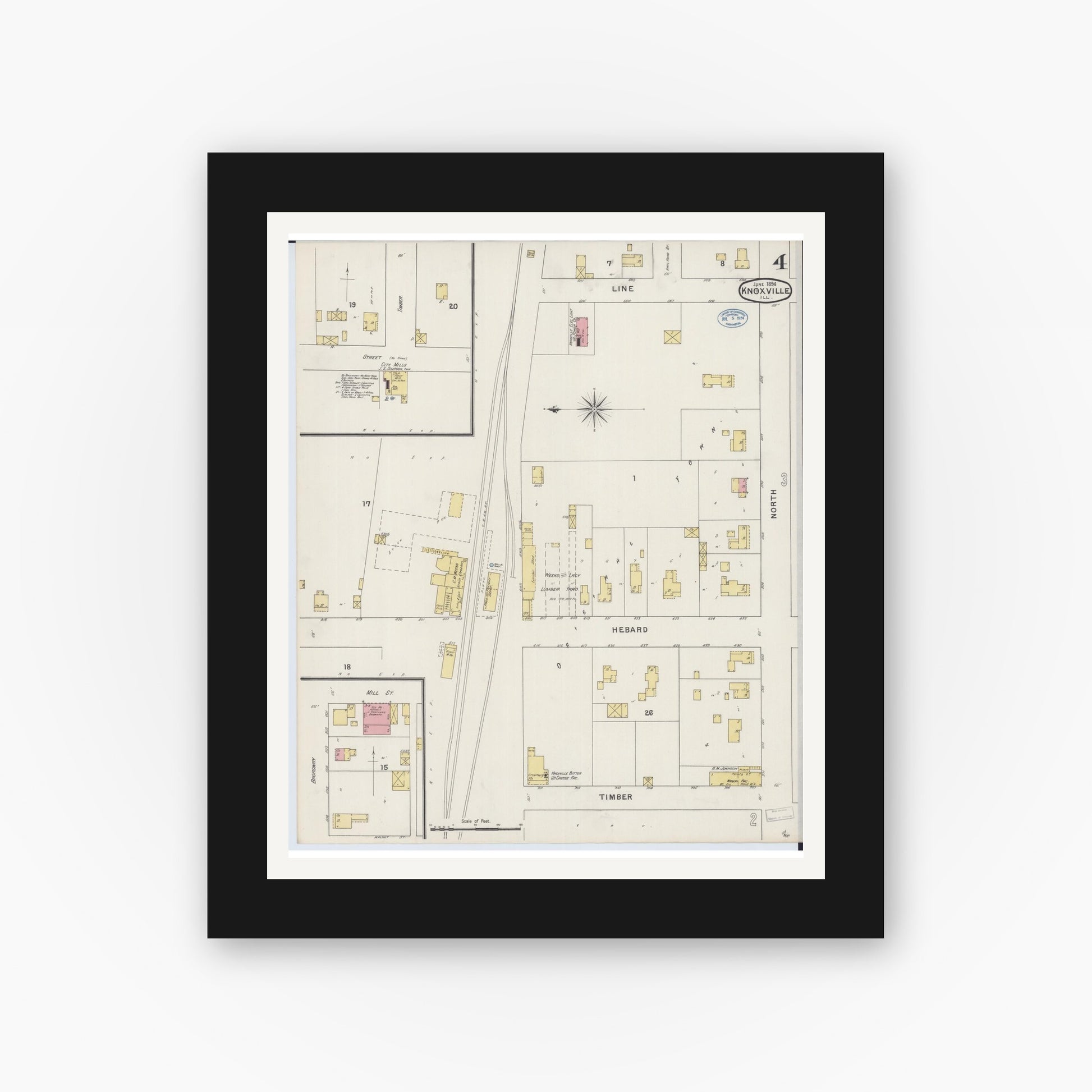 Old map wall art mockup — black gallery frame with white mat — Sanborn Fire Insurance Map from Knoxville, Knox County, Illinois (1894), Sheet #0004