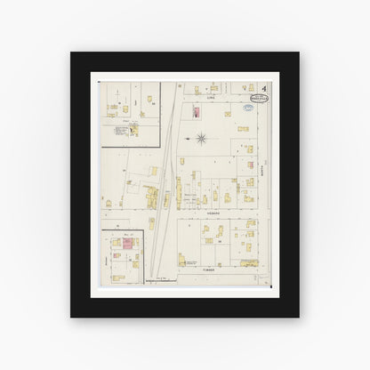 Old map wall art mockup — black gallery frame with white mat — Sanborn Fire Insurance Map from Knoxville, Knox County, Illinois (1894), Sheet #0004
