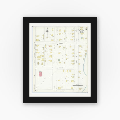 Old map wall art mockup — black gallery frame with white mat — Sanborn Fire Insurance Map from Alma, Gratiot County, Michigan (1910), Sheet #0009