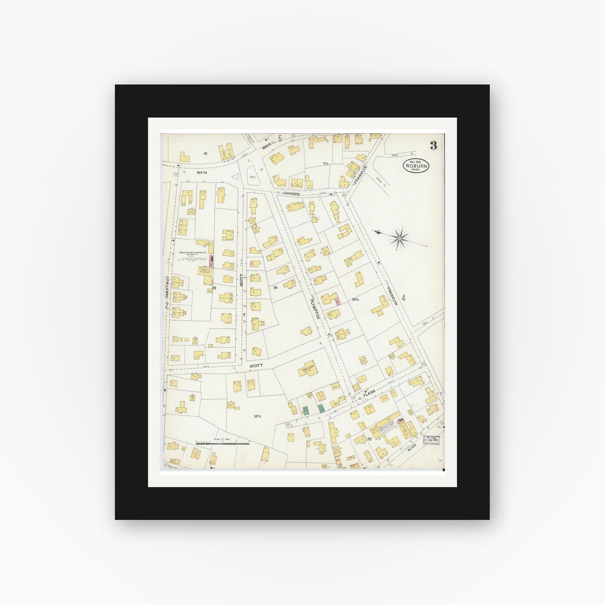 Old map wall art mockup — black gallery frame with white mat — Sanborn Fire Insurance Map from Woburn, Middlesex County, Massachusetts (1904), Sheet #0003