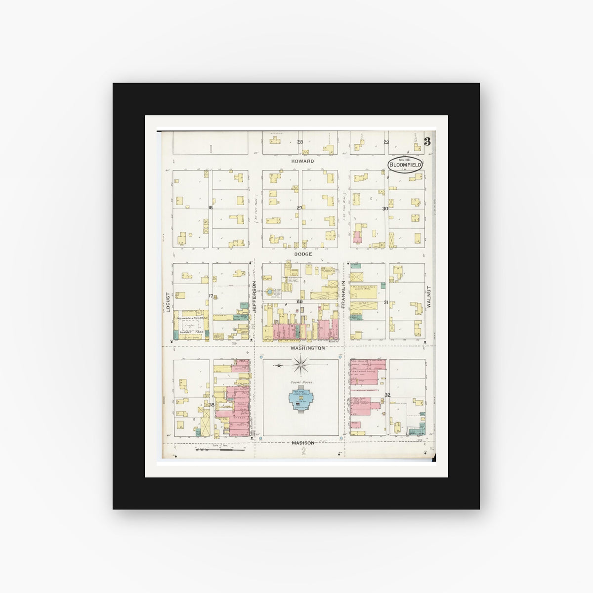 Old map wall art mockup — black gallery frame with white mat — Sanborn Fire Insurance Map from Bloomfield, Davis County, Iowa (1893), Sheet #0003