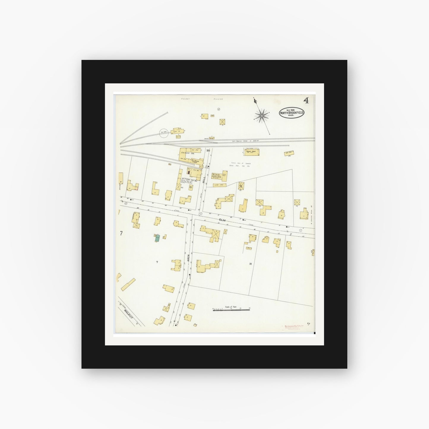 Old map wall art mockup — black gallery frame with white mat — Sanborn Fire Insurance Map from North Brookfield, Worcester County, Massachusetts (1906), Sheet #0004